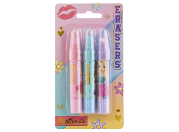 3 LIPSTICK ERASERS ON BLISTER 
