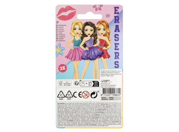 3 LIPSTICK ERASERS ON BLISTER 